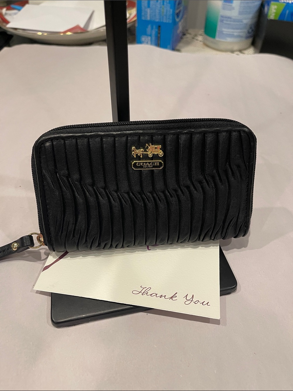 COACH Madison Gathered Twist Pleated Black Leather Clutch Wristlet - Picture 2 of 6